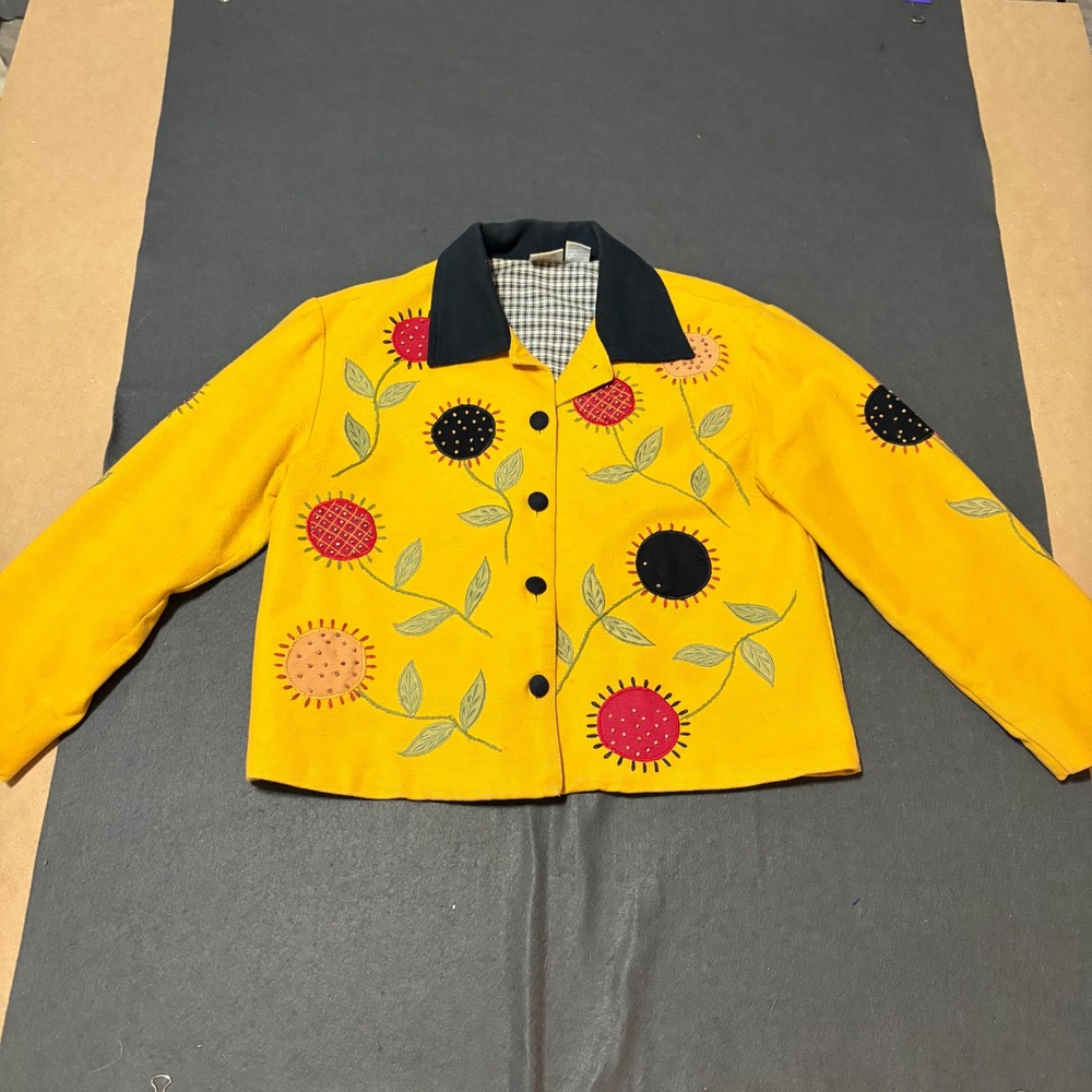 Bleu Bayou Embroidered Floral Jacket Women M Yellow Core Cottage Boho Fall